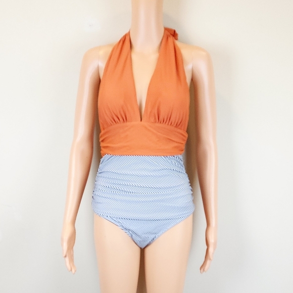 Cupshe Stripe Botton Solid Top One Piece  Swimsuit - Picture 3 of 11